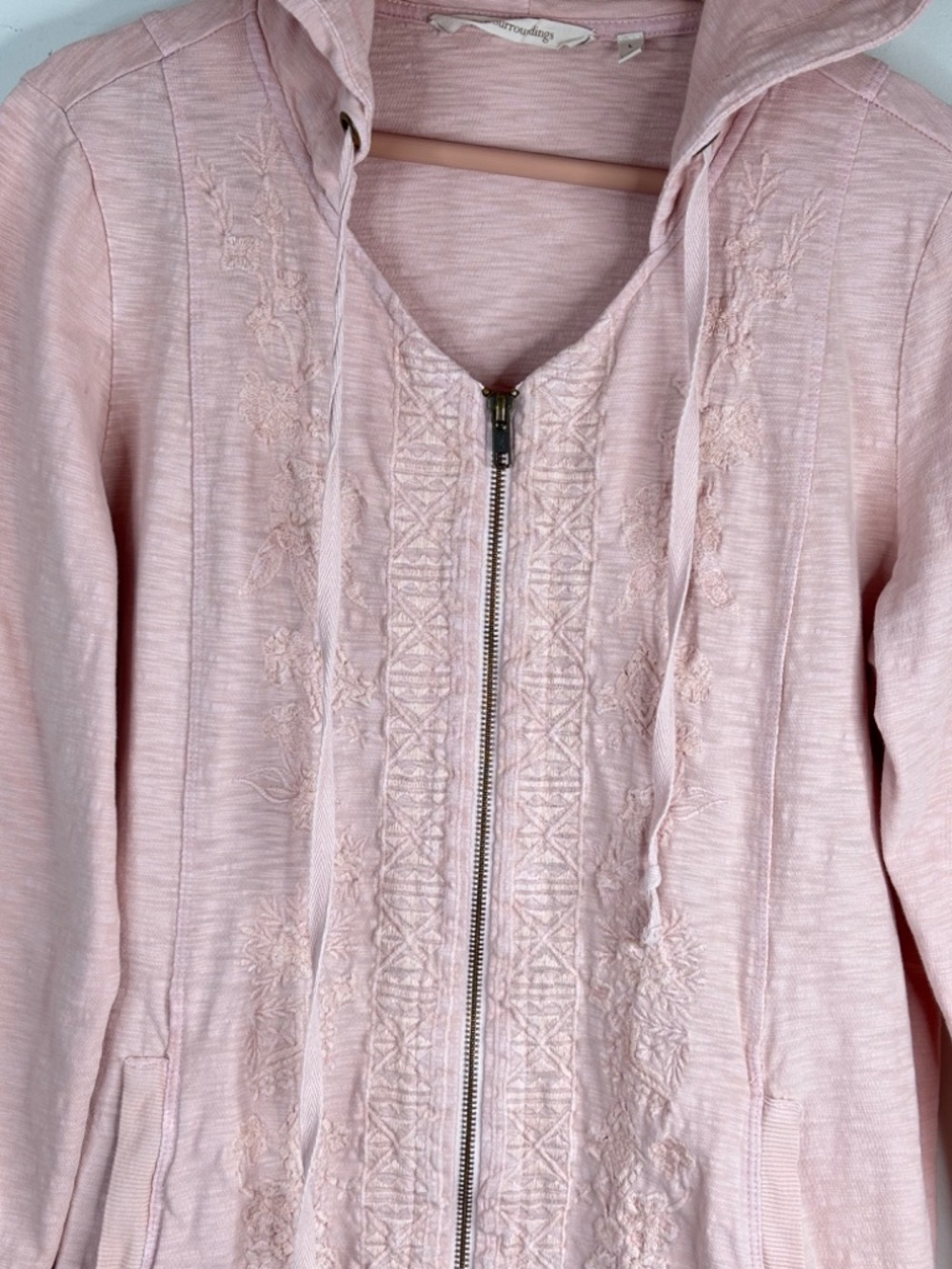 Soft Surroundings Corrina Pink Floral Embroidered Hoodie L Zip Up Boho Lagenlook - Picture 3 of 10